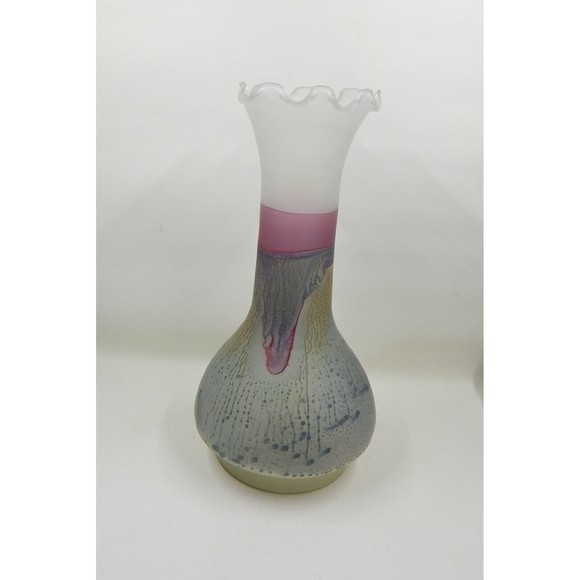Rueven Art Glass Watercolor Drip Hand Painted Satin Bud Vase Ruffle Top 9 Inch - Picture 4 of 12